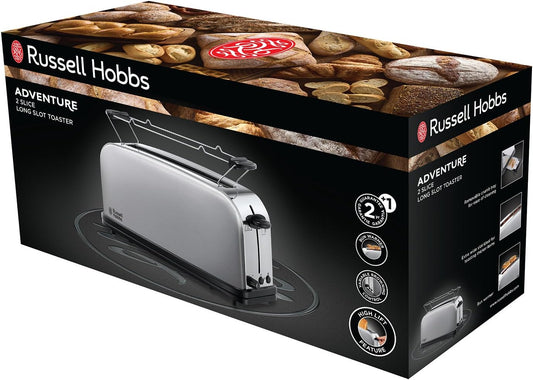Russell Hobbs toster, 2 kromki, szerokie otwory, szybkie opiekanie, funkcja rozmrażania, funkcja podnoszenia tostów, tacka na okruchy i ruszt na bułki, moc 1000W, stal nierdzewna, Adventure 21396-56