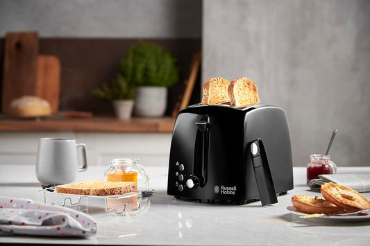 Russell Hobbs toster, regulacja pieczenia, szerokie otwory, funkcja rozmrażania, funkcja podnoszenia tostów, tacka na okruchy i ruszt na bułki, szczypce w zestawie, czarny, moc 850W, Textures 22601-56