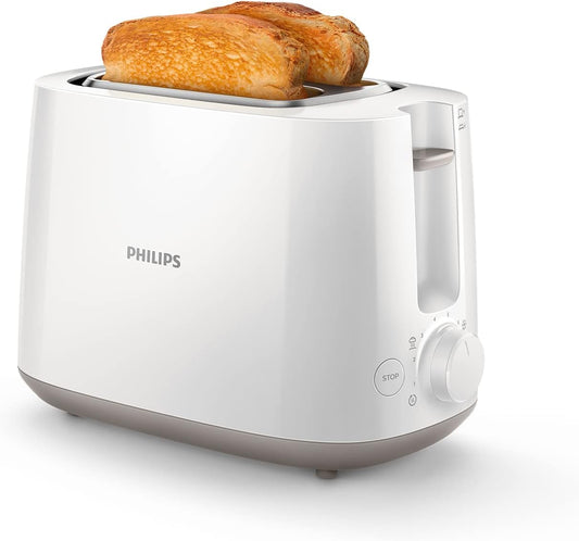 PHILIPS Toster - 2 duże regulowane otwory, 8 poziomów opiekania, Funkcja podgrzewania i rozmrażania, Wyjmowana tacka na okruszki, Kompaktowa konstrukcja, Biały (HD2581/00)