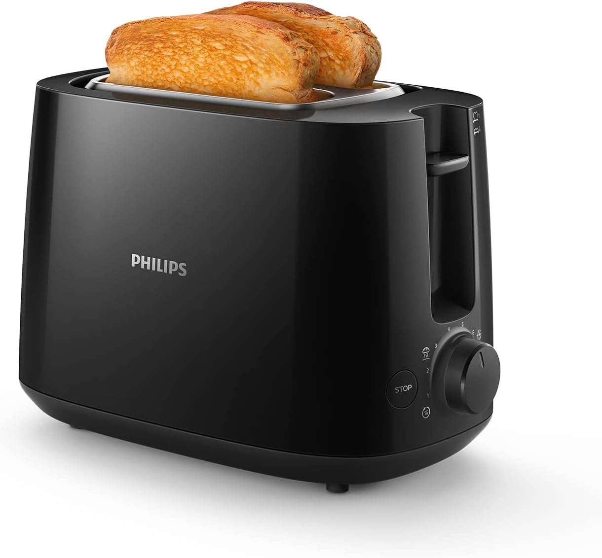 Philips Toster - 2 Otwory, 8 Poziomów opiekania, Ruszt do bułek, Funkcja podgrzewania i rozmrażania, Wysoki podnośnik, Automatyczne wyłączanie, Wyjmowana tacka na okruszki, Czarny (HD2581/90)