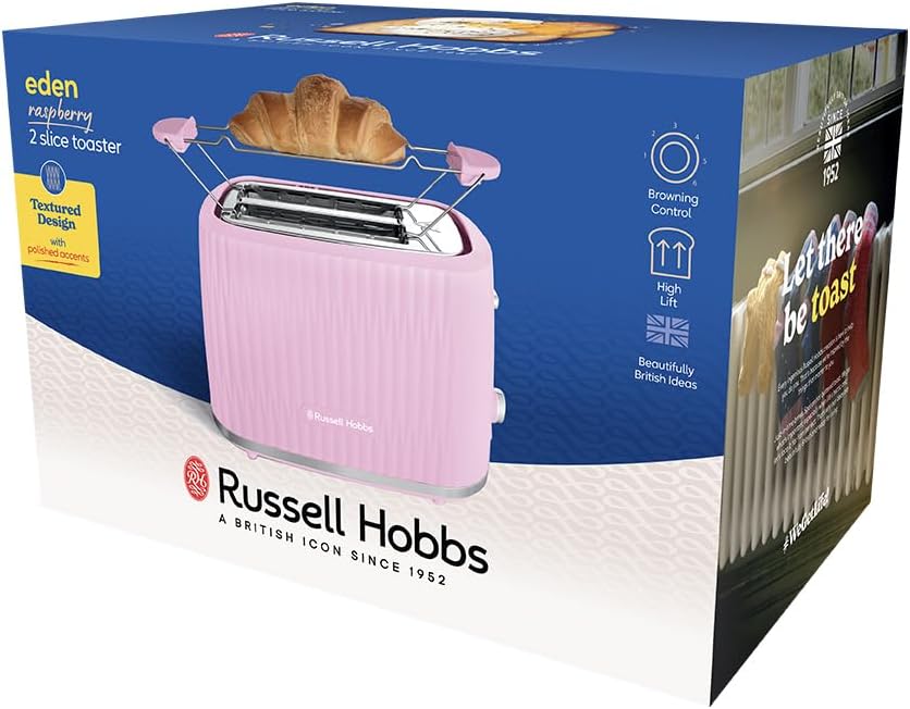 Russell Hobbs Toster na 2 kromki (6 poziomów opiekania, funkcja High-Lift, funkcja rozmrożenia, podgrzewania i anulowania, tacka okruchy, teksturowana powierzchnia zewnętrzna, malinowy) Eden 27372-56