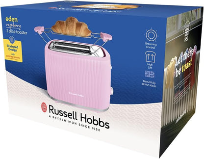Russell Hobbs Toster na 2 kromki (6 poziomów opiekania, funkcja High-Lift, funkcja rozmrożenia, podgrzewania i anulowania, tacka okruchy, teksturowana powierzchnia zewnętrzna, malinowy) Eden 27372-56
