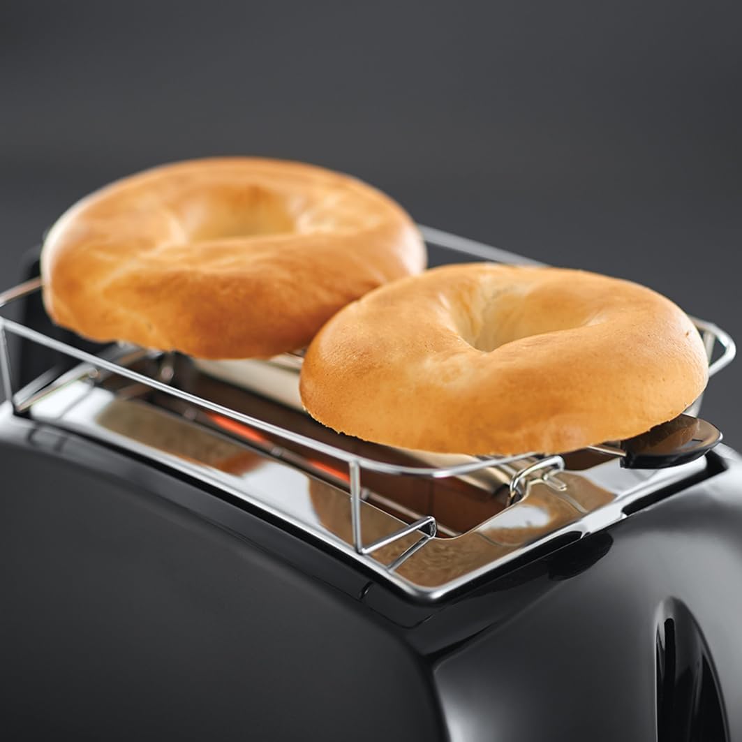 Russell Hobbs toster, regulacja pieczenia, szerokie otwory, funkcja rozmrażania, funkcja podnoszenia tostów, tacka na okruchy i ruszt na bułki, szczypce w zestawie, czarny, moc 850W, Textures 22601-56