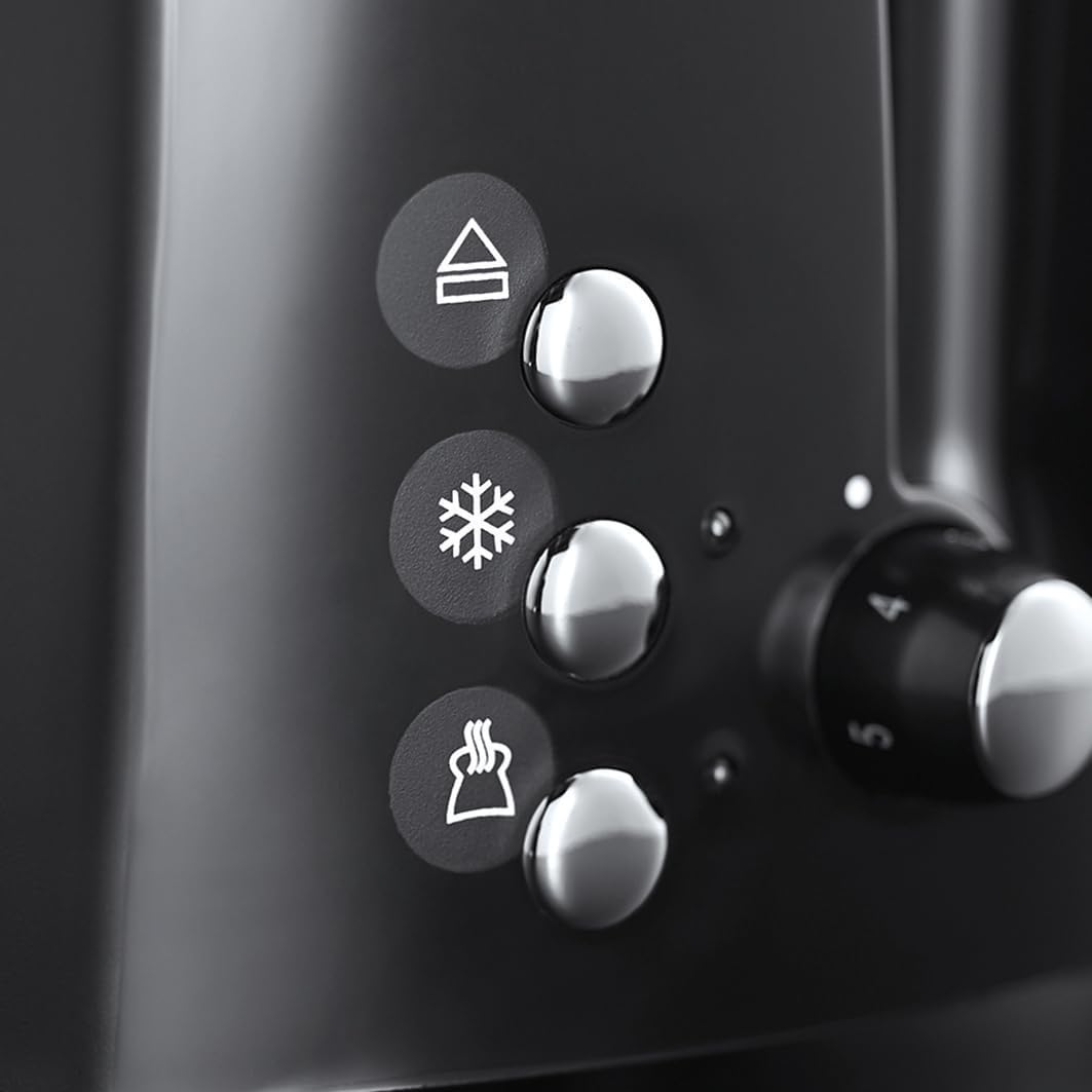 Russell Hobbs toster, regulacja pieczenia, szerokie otwory, funkcja rozmrażania, funkcja podnoszenia tostów, tacka na okruchy i ruszt na bułki, szczypce w zestawie, czarny, moc 850W, Textures 22601-56