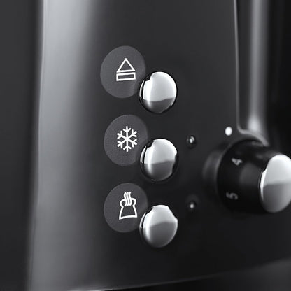 Russell Hobbs toster, regulacja pieczenia, szerokie otwory, funkcja rozmrażania, funkcja podnoszenia tostów, tacka na okruchy i ruszt na bułki, szczypce w zestawie, czarny, moc 850W, Textures 22601-56