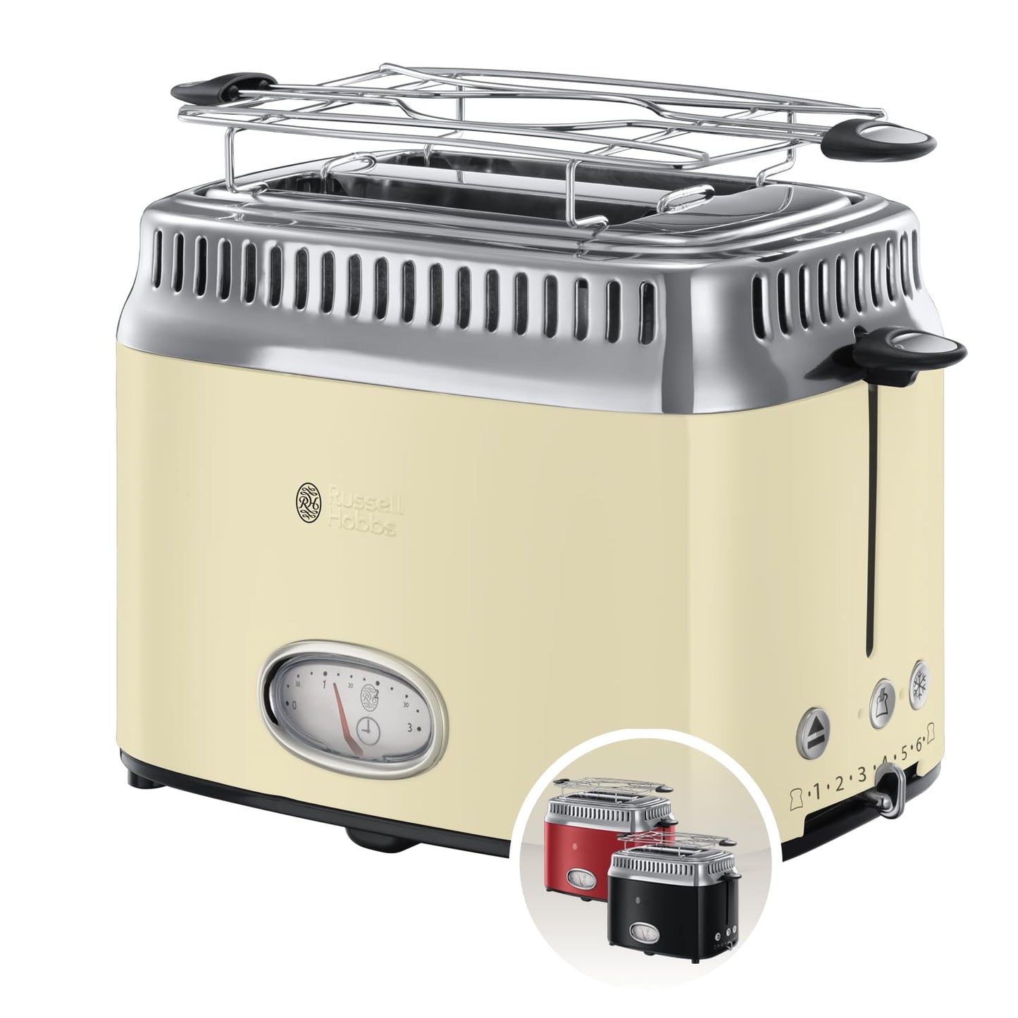 Russell Hobbs toster, szybkie opiekanie, funkcja rozmrażania, szerokie otwory, funkcja podnoszenia tostów, ruszt, moc 1300W, stal nierdzewna/czerwony, Retro Ribbon Red 21680-56 [Klasa energetyczna A+]