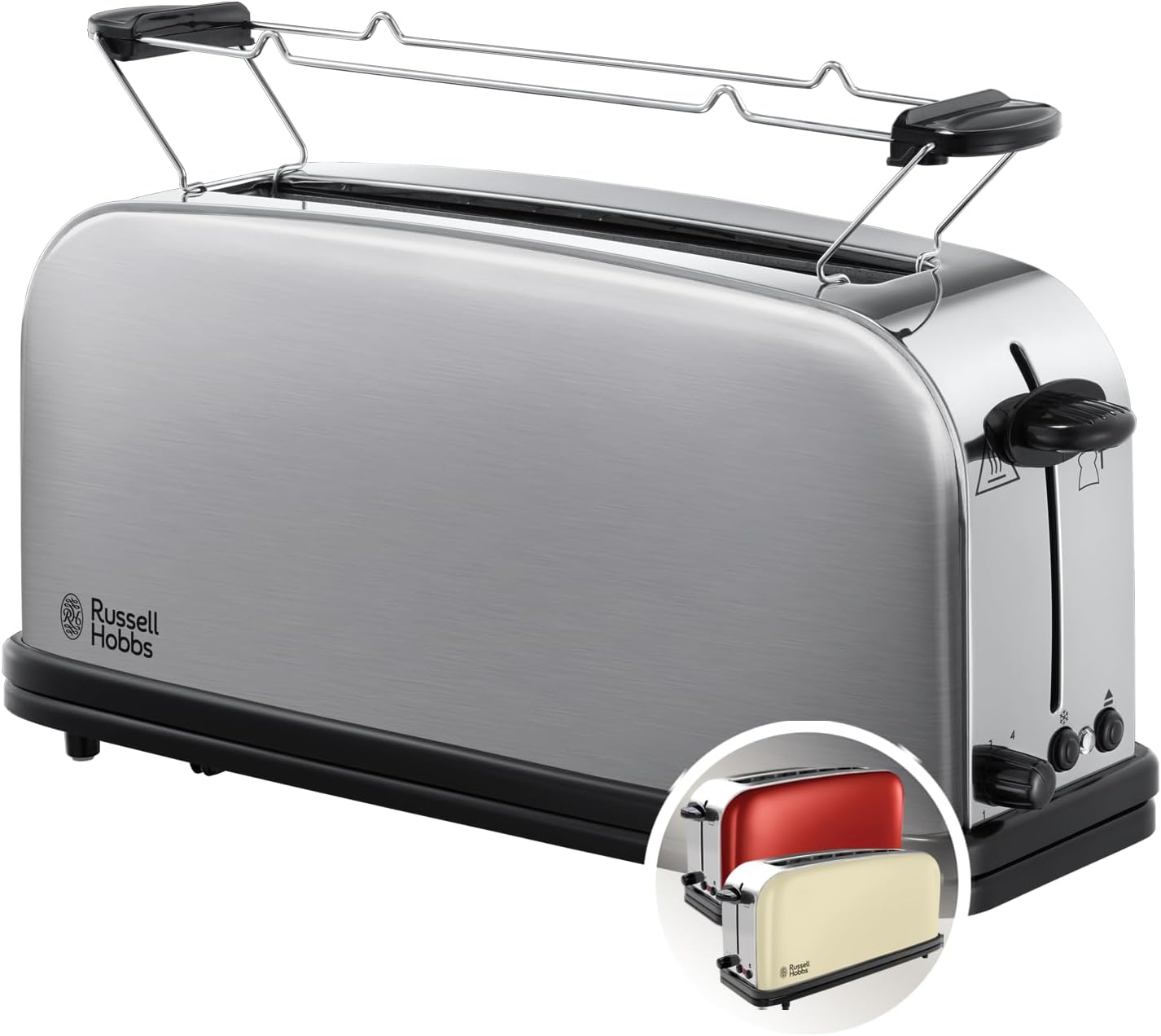 Russell Hobbs toster, 2 kromki, szerokie otwory, szybkie opiekanie, funkcja rozmrażania, funkcja podnoszenia tostów, tacka na okruchy i ruszt na bułki, moc 1000W, stal nierdzewna, Adventure 21396-56