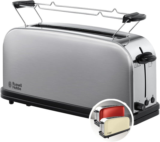 Russell Hobbs toster, 2 kromki, szerokie otwory, szybkie opiekanie, funkcja rozmrażania, funkcja podnoszenia tostów, tacka na okruchy i ruszt na bułki, moc 1000W, stal nierdzewna, Adventure 21396-56