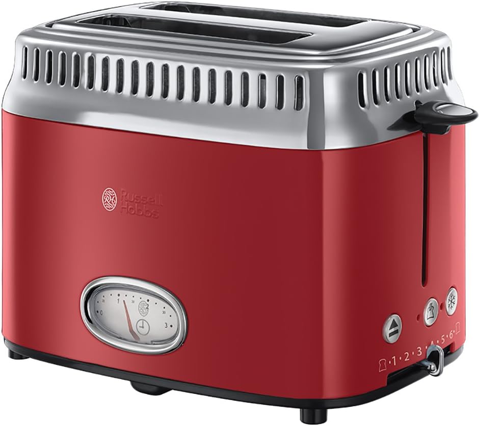 Russell Hobbs toster, szybkie opiekanie, funkcja rozmrażania, szerokie otwory, funkcja podnoszenia tostów, ruszt, moc 1300W, stal nierdzewna/czerwony, Retro Ribbon Red 21680-56 [Klasa energetyczna A+]