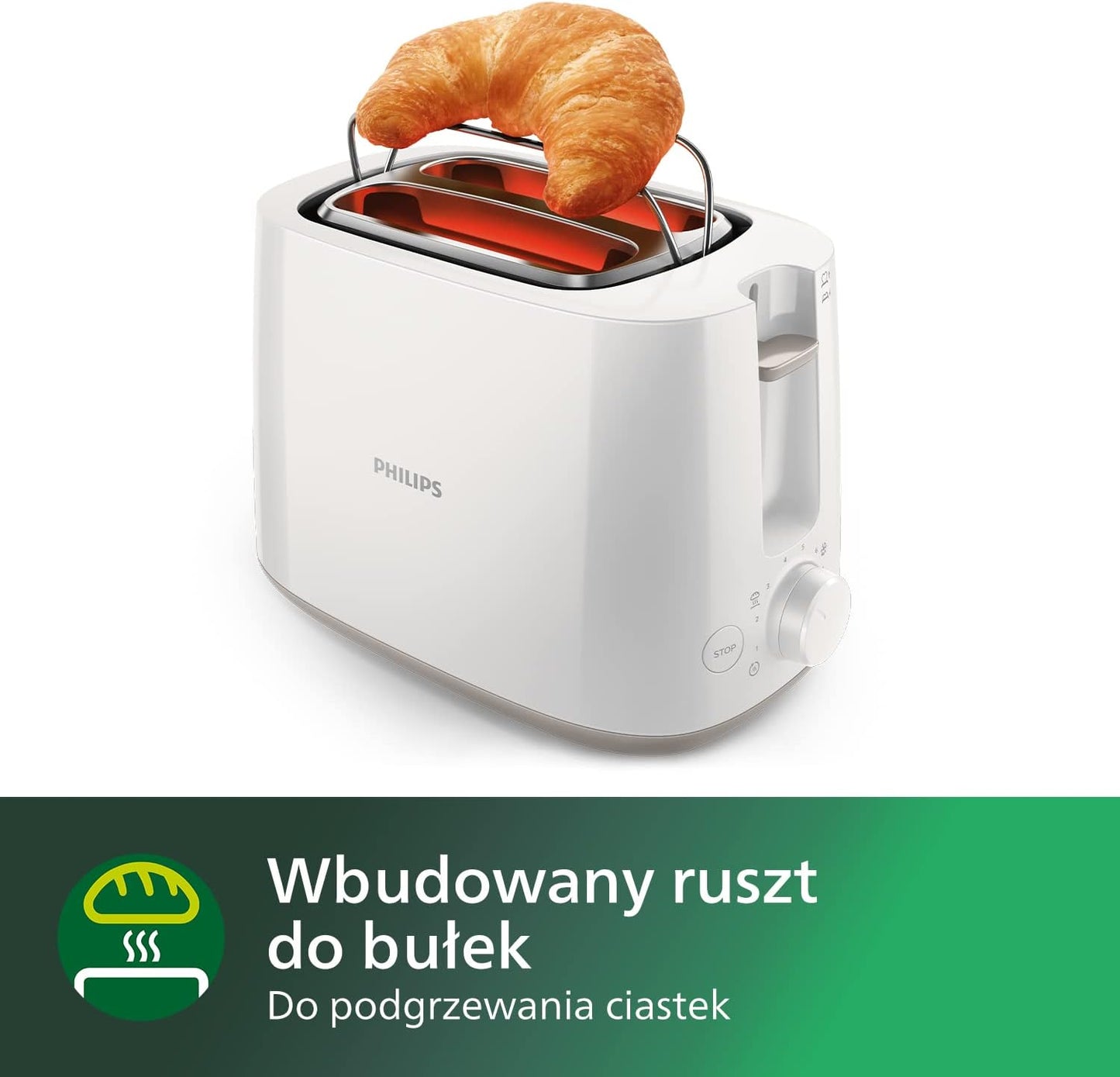 PHILIPS Toster - 2 duże regulowane otwory, 8 poziomów opiekania, Funkcja podgrzewania i rozmrażania, Wyjmowana tacka na okruszki, Kompaktowa konstrukcja, Biały (HD2581/00)