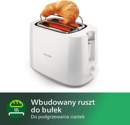 PHILIPS Toster - 2 duże regulowane otwory, 8 poziomów opiekania, Funkcja podgrzewania i rozmrażania, Wyjmowana tacka na okruszki, Kompaktowa konstrukcja, Biały (HD2581/00)