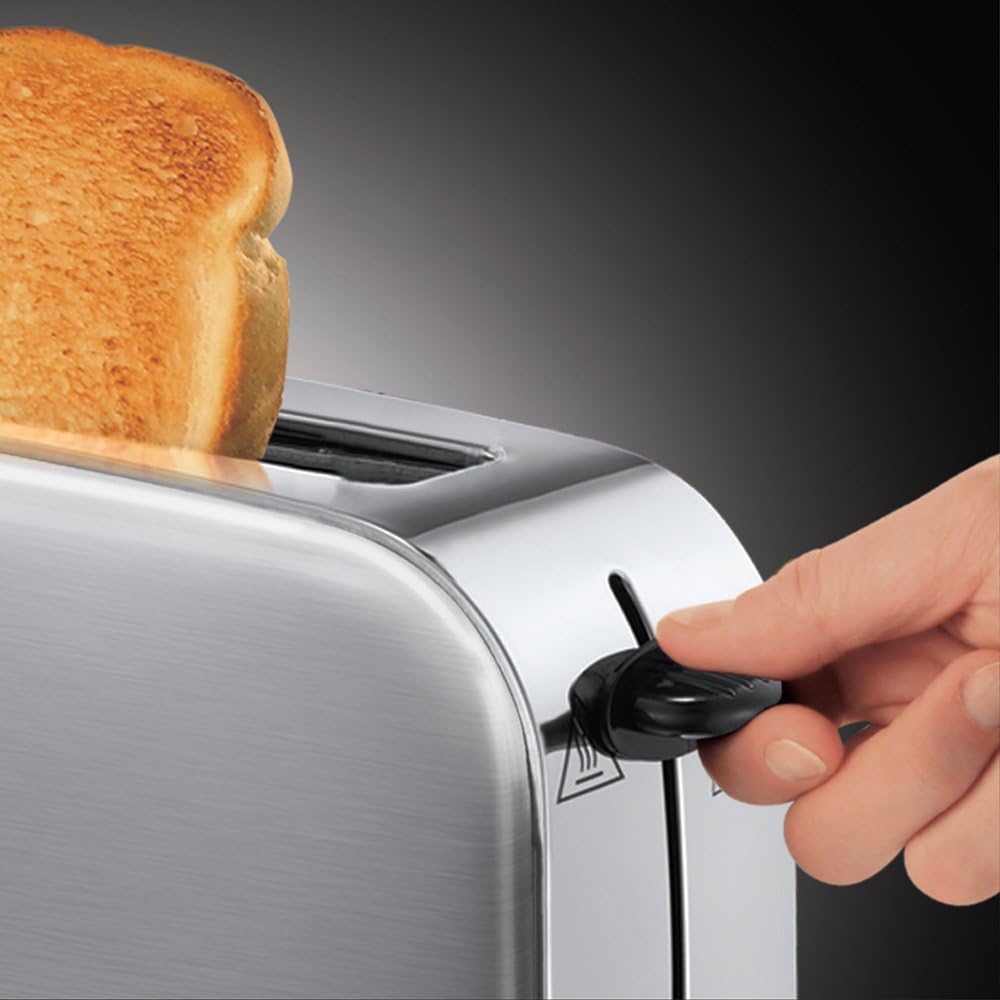 Russell Hobbs toster, 2 kromki, szerokie otwory, szybkie opiekanie, funkcja rozmrażania, funkcja podnoszenia tostów, tacka na okruchy i ruszt na bułki, moc 1000W, stal nierdzewna, Adventure 21396-56