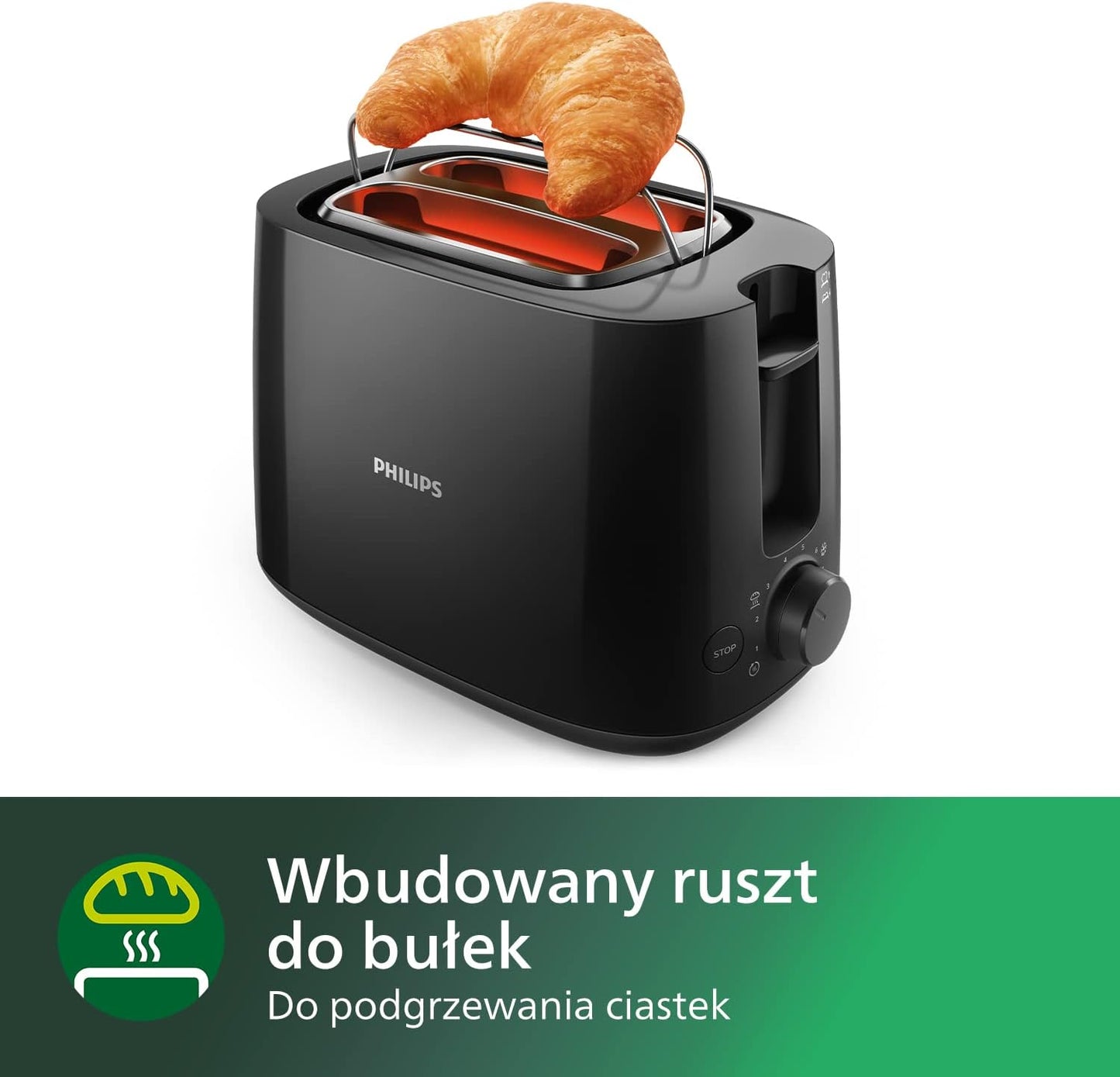 Philips Toster - 2 Otwory, 8 Poziomów opiekania, Ruszt do bułek, Funkcja podgrzewania i rozmrażania, Wysoki podnośnik, Automatyczne wyłączanie, Wyjmowana tacka na okruszki, Czarny (HD2581/90)