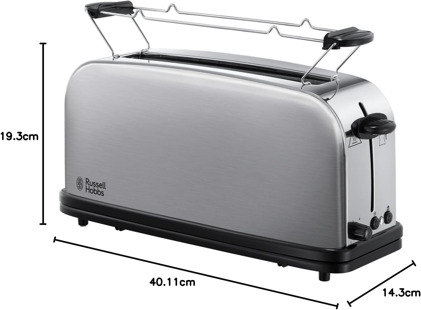 Russell Hobbs toster, 2 kromki, szerokie otwory, szybkie opiekanie, funkcja rozmrażania, funkcja podnoszenia tostów, tacka na okruchy i ruszt na bułki, moc 1000W, stal nierdzewna, Adventure 21396-56