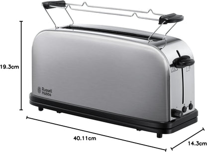 Russell Hobbs toster, 2 kromki, szerokie otwory, szybkie opiekanie, funkcja rozmrażania, funkcja podnoszenia tostów, tacka na okruchy i ruszt na bułki, moc 1000W, stal nierdzewna, Adventure 21396-56