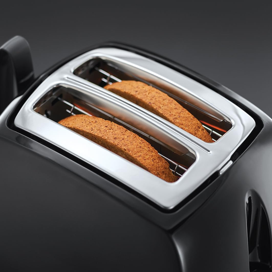 Russell Hobbs toster, regulacja pieczenia, szerokie otwory, funkcja rozmrażania, funkcja podnoszenia tostów, tacka na okruchy i ruszt na bułki, szczypce w zestawie, czarny, moc 850W, Textures 22601-56