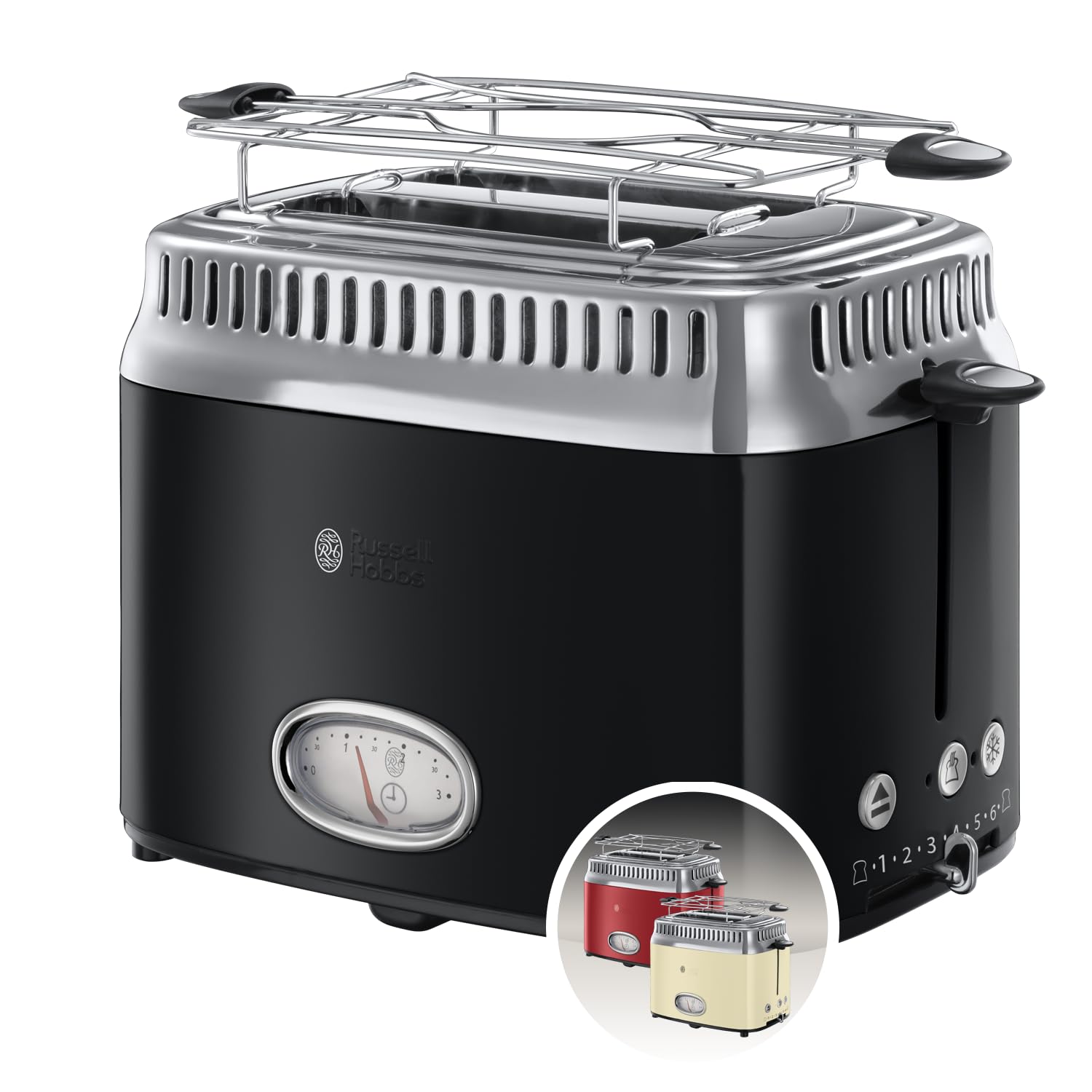 Russell Hobbs toster, szybkie opiekanie, funkcja rozmrażania, szerokie otwory, funkcja podnoszenia tostów, ruszt, moc 1300W, stal nierdzewna/czerwony, Retro Ribbon Red 21680-56 [Klasa energetyczna A+]