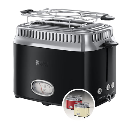 Russell Hobbs toster, szybkie opiekanie, funkcja rozmrażania, szerokie otwory, funkcja podnoszenia tostów, ruszt, moc 1300W, stal nierdzewna/czerwony, Retro Ribbon Red 21680-56 [Klasa energetyczna A+]