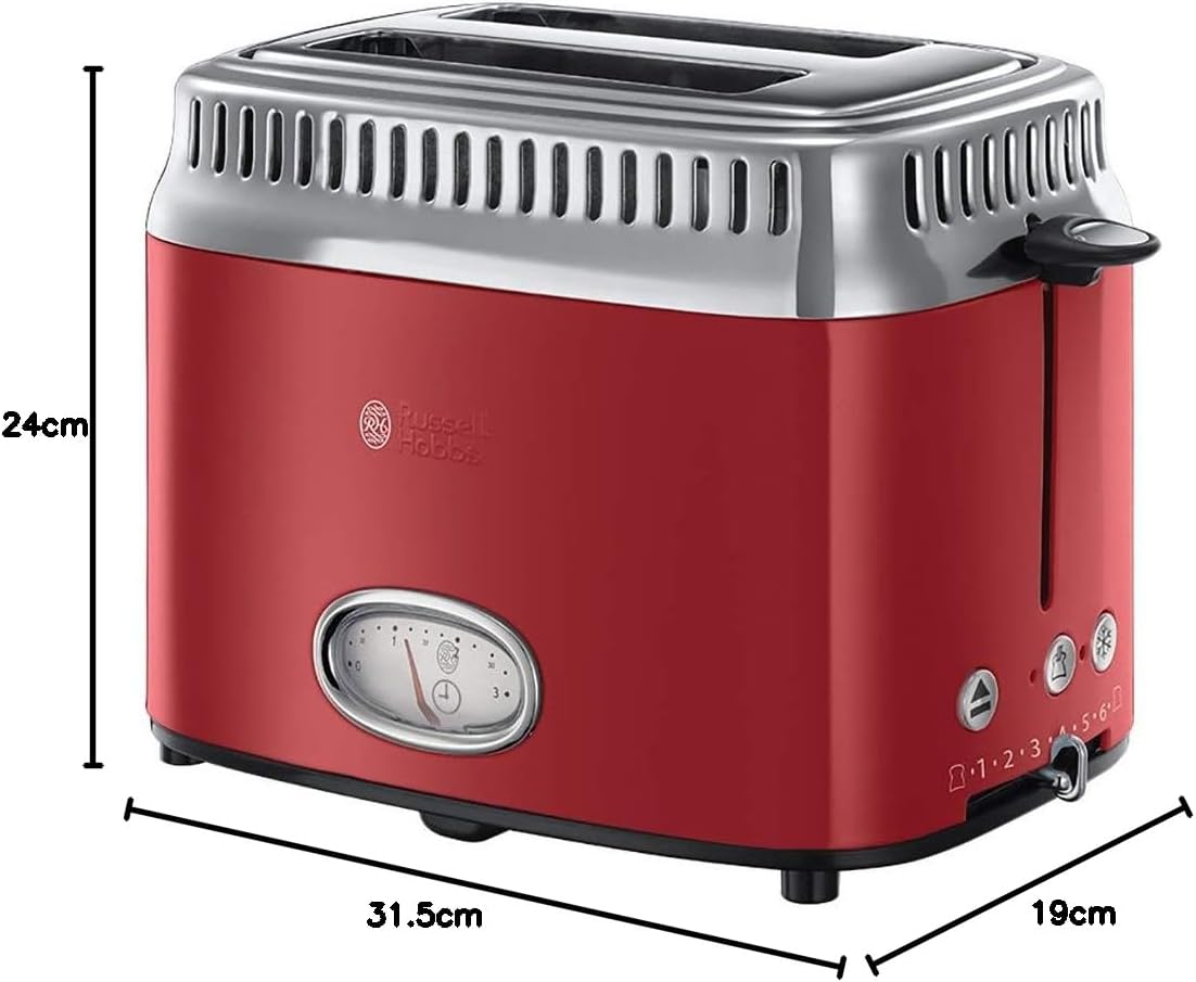 Russell Hobbs toster, szybkie opiekanie, funkcja rozmrażania, szerokie otwory, funkcja podnoszenia tostów, ruszt, moc 1300W, stal nierdzewna/czerwony, Retro Ribbon Red 21680-56 [Klasa energetyczna A+]