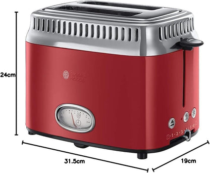 Russell Hobbs toster, szybkie opiekanie, funkcja rozmrażania, szerokie otwory, funkcja podnoszenia tostów, ruszt, moc 1300W, stal nierdzewna/czerwony, Retro Ribbon Red 21680-56 [Klasa energetyczna A+]