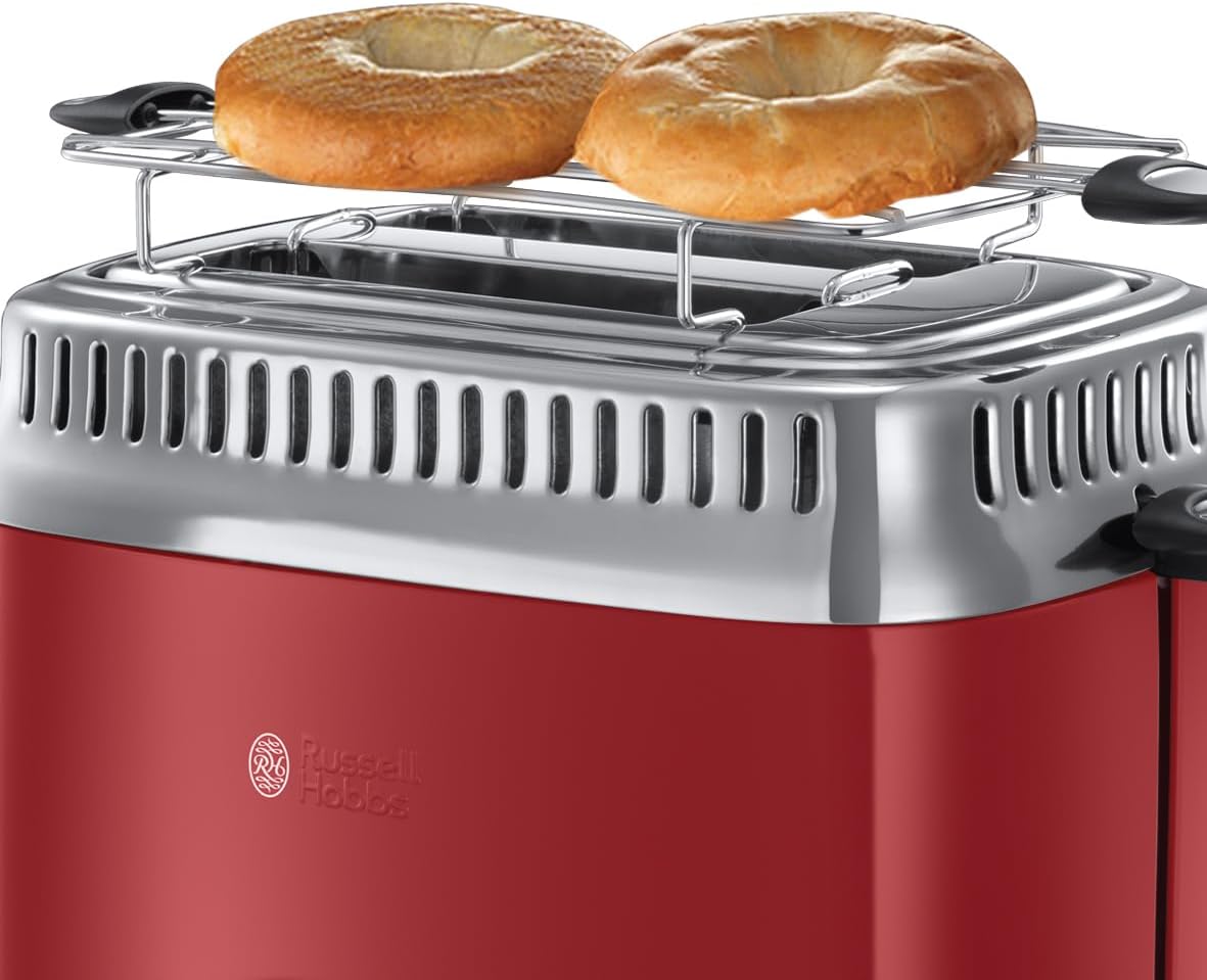 Russell Hobbs toster, szybkie opiekanie, funkcja rozmrażania, szerokie otwory, funkcja podnoszenia tostów, ruszt, moc 1300W, stal nierdzewna/czerwony, Retro Ribbon Red 21680-56 [Klasa energetyczna A+]