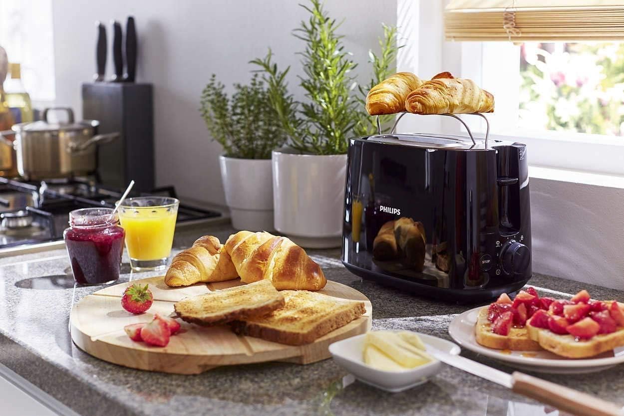 Philips Toster - 2 Otwory, 8 Poziomów opiekania, Ruszt do bułek, Funkcja podgrzewania i rozmrażania, Wysoki podnośnik, Automatyczne wyłączanie, Wyjmowana tacka na okruszki, Czarny (HD2581/90)