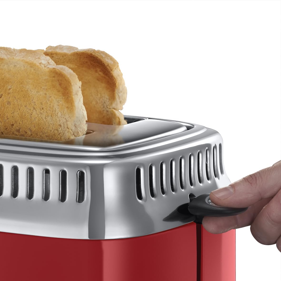 Russell Hobbs toster, szybkie opiekanie, funkcja rozmrażania, szerokie otwory, funkcja podnoszenia tostów, ruszt, moc 1300W, stal nierdzewna/czerwony, Retro Ribbon Red 21680-56 [Klasa energetyczna A+]