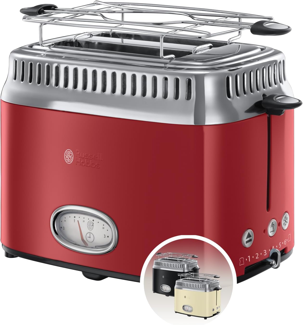 Russell Hobbs toster, szybkie opiekanie, funkcja rozmrażania, szerokie otwory, funkcja podnoszenia tostów, ruszt, moc 1300W, stal nierdzewna/czerwony, Retro Ribbon Red 21680-56 [Klasa energetyczna A+]