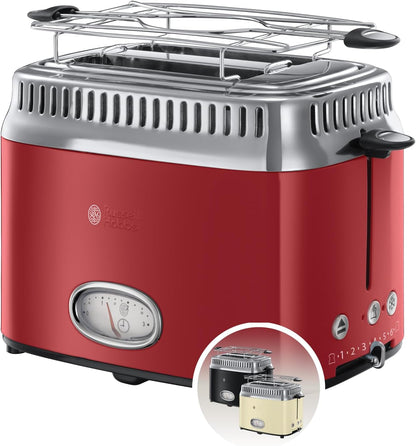 Russell Hobbs toster, szybkie opiekanie, funkcja rozmrażania, szerokie otwory, funkcja podnoszenia tostów, ruszt, moc 1300W, stal nierdzewna/czerwony, Retro Ribbon Red 21680-56 [Klasa energetyczna A+]