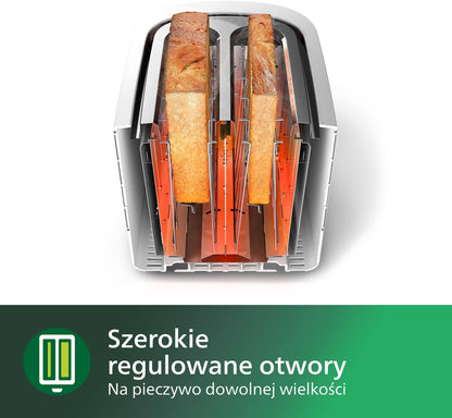 PHILIPS Toster - 2 duże regulowane otwory, 8 poziomów opiekania, Funkcja podgrzewania i rozmrażania, Wyjmowana tacka na okruszki, Kompaktowa konstrukcja, Biały (HD2581/00)