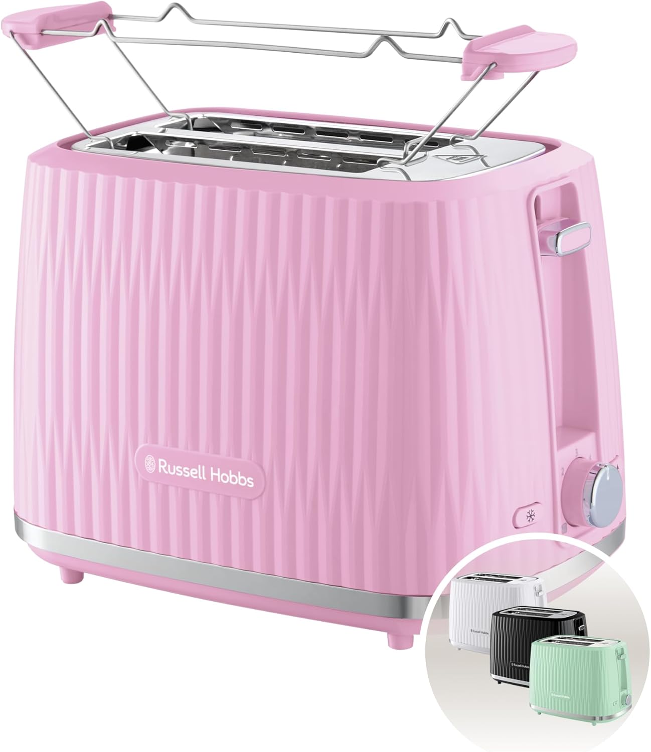 Russell Hobbs Toster na 2 kromki (6 poziomów opiekania, funkcja High-Lift, funkcja rozmrożenia, podgrzewania i anulowania, tacka okruchy, teksturowana powierzchnia zewnętrzna, malinowy) Eden 27372-56