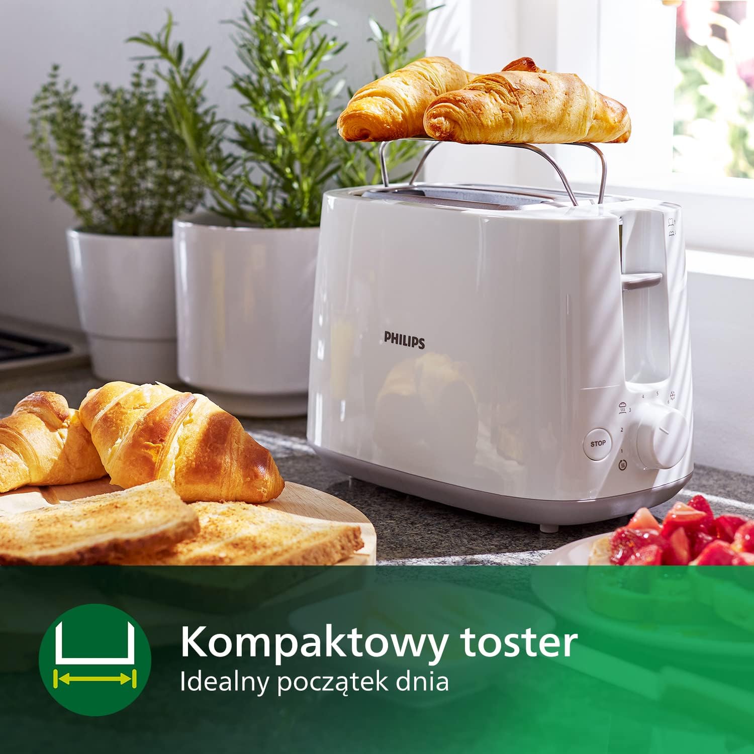 PHILIPS Toster - 2 duże regulowane otwory, 8 poziomów opiekania, Funkcja podgrzewania i rozmrażania, Wyjmowana tacka na okruszki, Kompaktowa konstrukcja, Biały (HD2581/00)