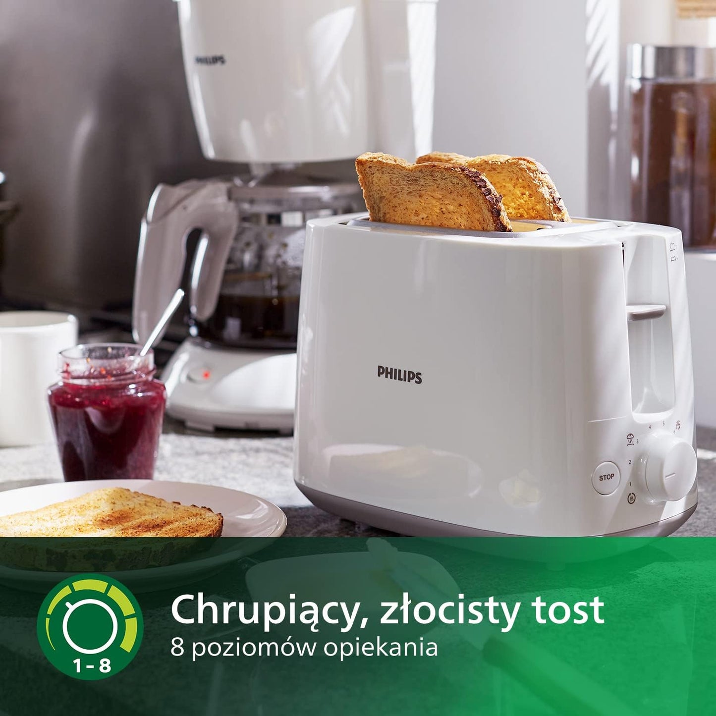 PHILIPS Toster - 2 duże regulowane otwory, 8 poziomów opiekania, Funkcja podgrzewania i rozmrażania, Wyjmowana tacka na okruszki, Kompaktowa konstrukcja, Biały (HD2581/00)