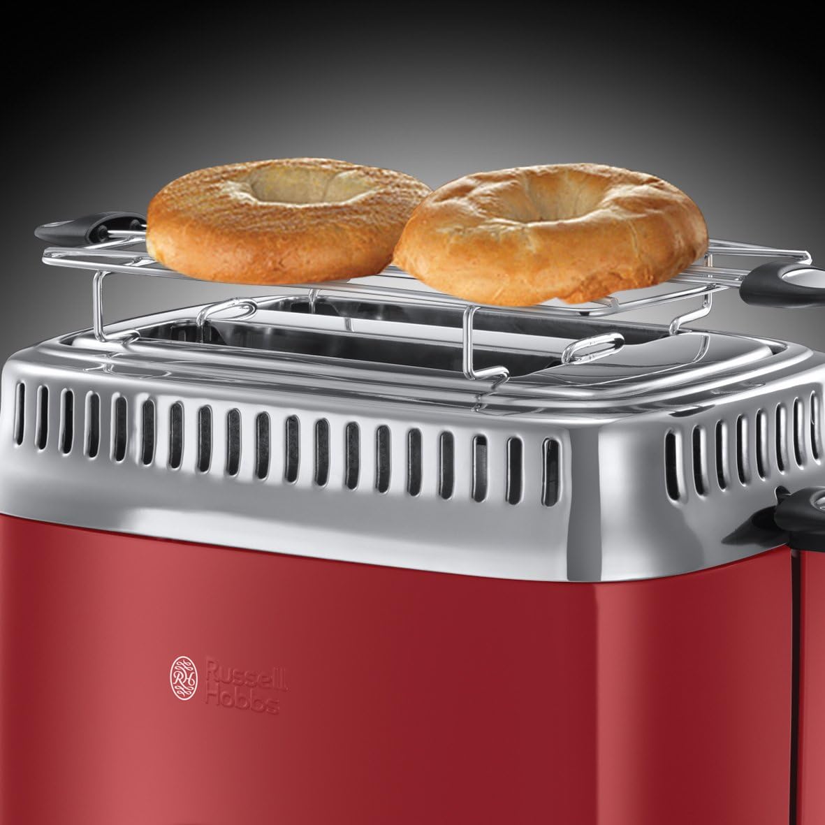 Russell Hobbs toster, szybkie opiekanie, funkcja rozmrażania, szerokie otwory, funkcja podnoszenia tostów, ruszt, moc 1300W, stal nierdzewna/czerwony, Retro Ribbon Red 21680-56 [Klasa energetyczna A+]