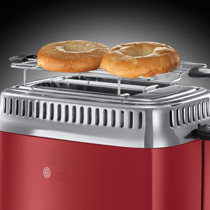 Russell Hobbs toster, szybkie opiekanie, funkcja rozmrażania, szerokie otwory, funkcja podnoszenia tostów, ruszt, moc 1300W, stal nierdzewna/czerwony, Retro Ribbon Red 21680-56 [Klasa energetyczna A+]