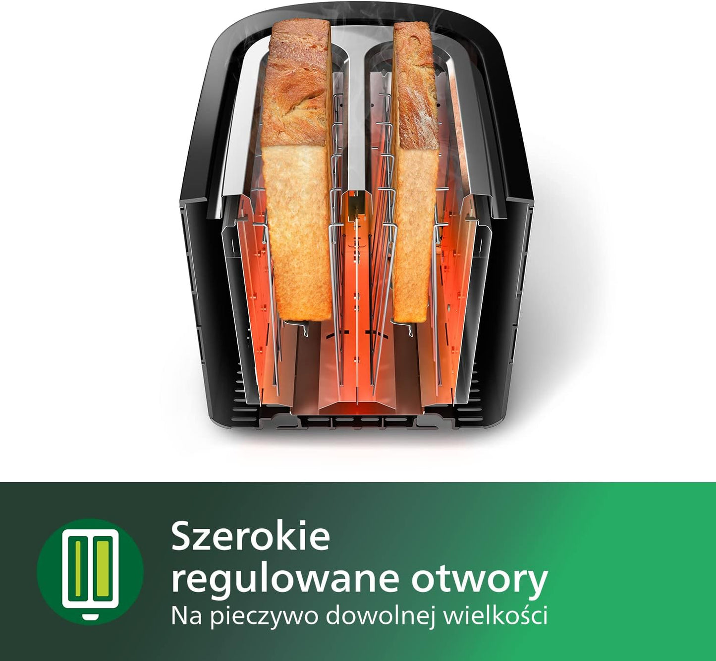 Philips Toster - 2 Otwory, 8 Poziomów opiekania, Ruszt do bułek, Funkcja podgrzewania i rozmrażania, Wysoki podnośnik, Automatyczne wyłączanie, Wyjmowana tacka na okruszki, Czarny (HD2581/90)