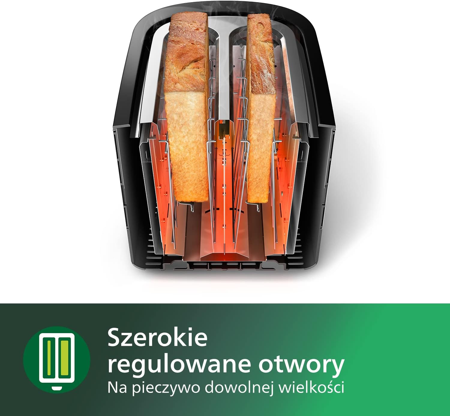 Philips Toster - 2 Otwory, 8 Poziomów opiekania, Ruszt do bułek, Funkcja podgrzewania i rozmrażania, Wysoki podnośnik, Automatyczne wyłączanie, Wyjmowana tacka na okruszki, Czarny (HD2581/90)
