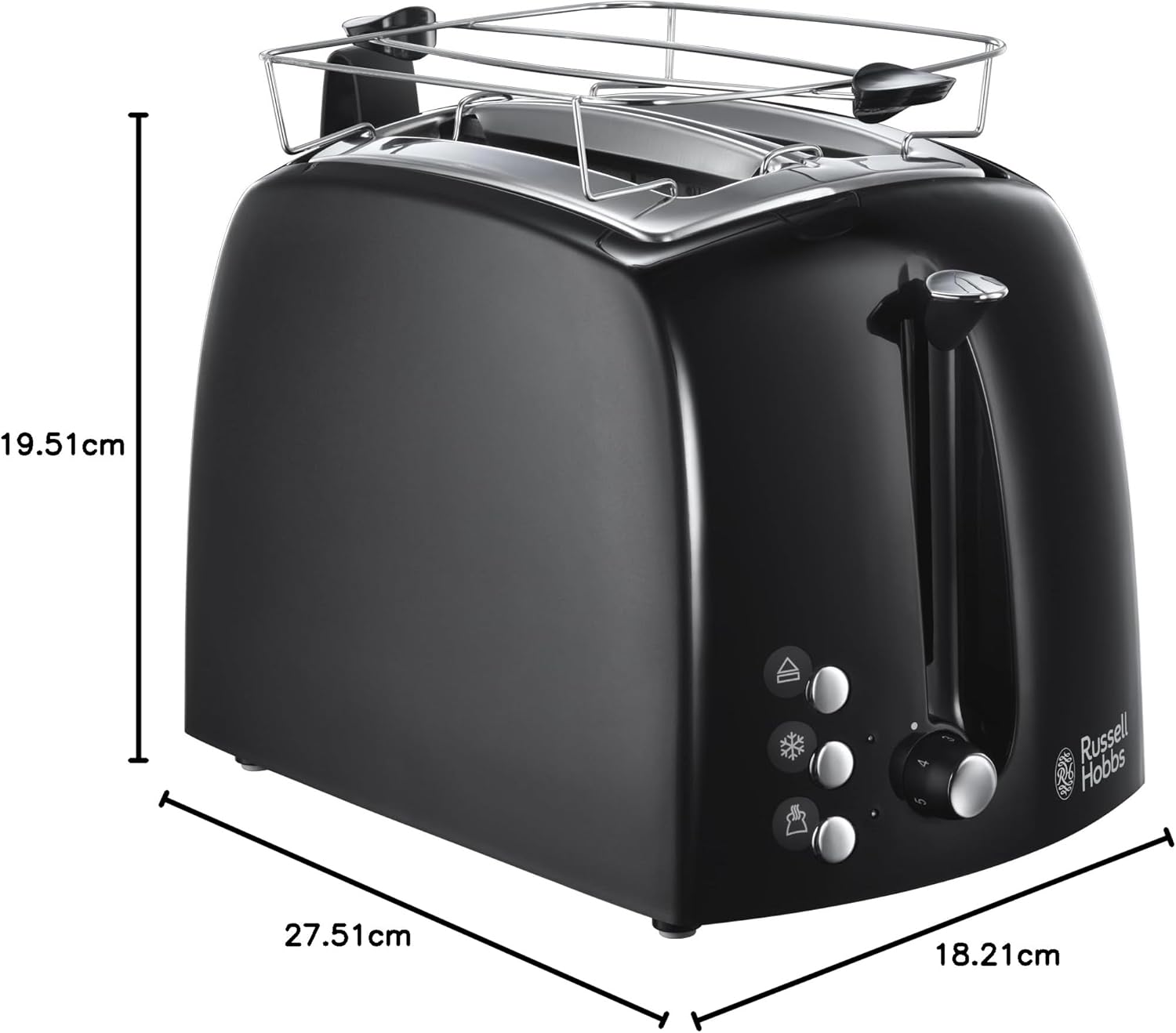 Russell Hobbs toster, regulacja pieczenia, szerokie otwory, funkcja rozmrażania, funkcja podnoszenia tostów, tacka na okruchy i ruszt na bułki, szczypce w zestawie, czarny, moc 850W, Textures 22601-56