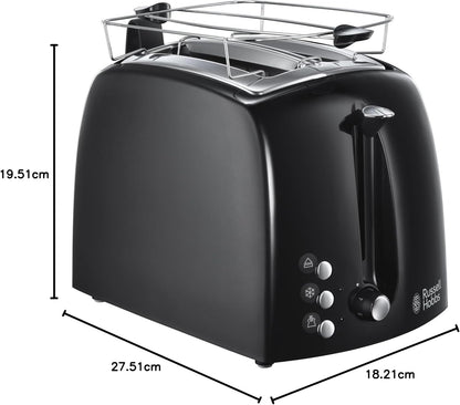 Russell Hobbs toster, regulacja pieczenia, szerokie otwory, funkcja rozmrażania, funkcja podnoszenia tostów, tacka na okruchy i ruszt na bułki, szczypce w zestawie, czarny, moc 850W, Textures 22601-56