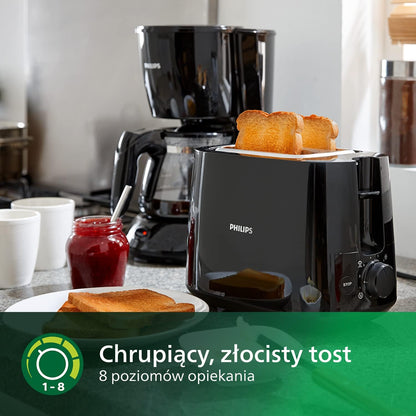 Philips Toster - 2 Otwory, 8 Poziomów opiekania, Ruszt do bułek, Funkcja podgrzewania i rozmrażania, Wysoki podnośnik, Automatyczne wyłączanie, Wyjmowana tacka na okruszki, Czarny (HD2581/90)