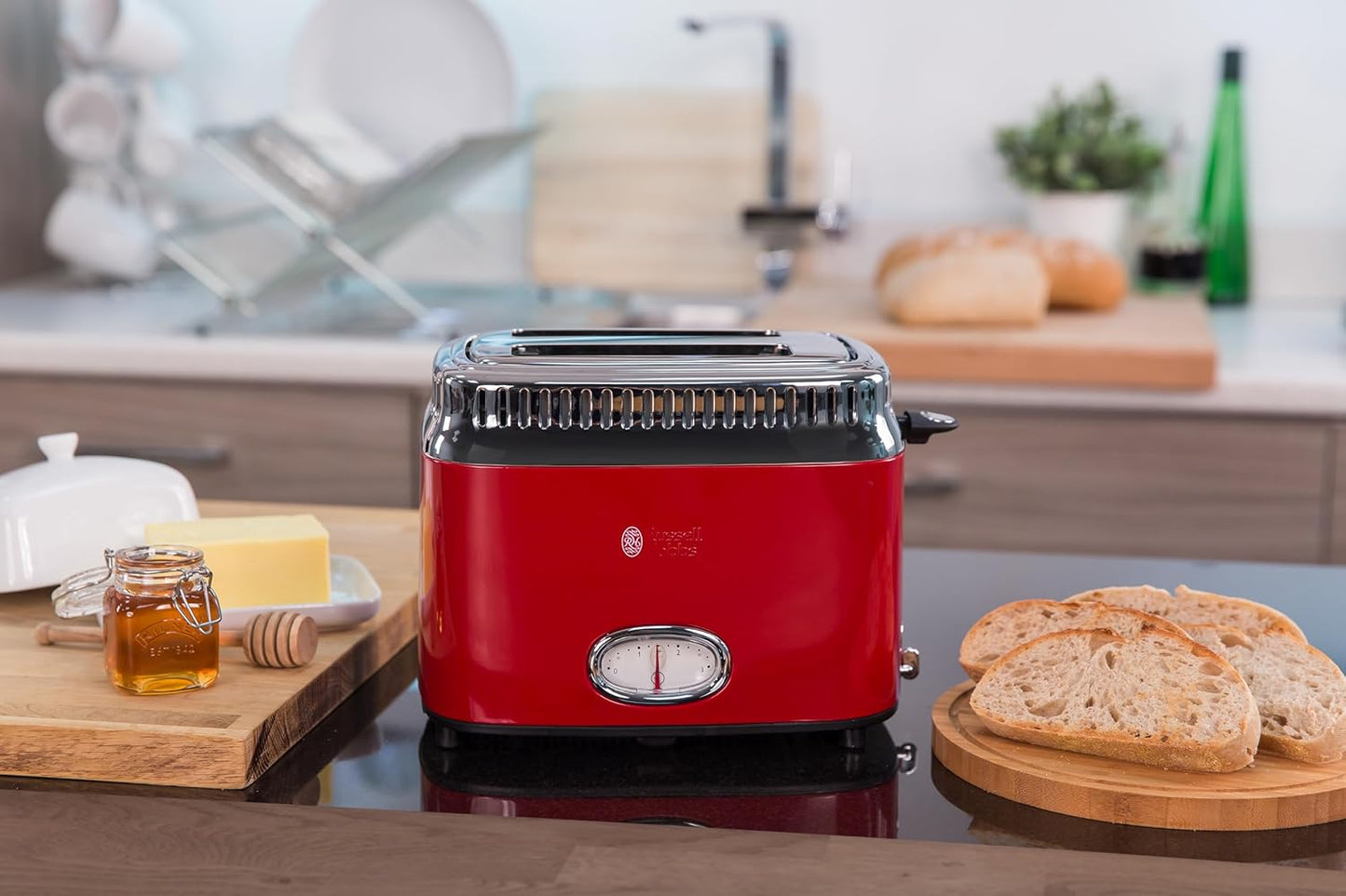 Russell Hobbs toster, szybkie opiekanie, funkcja rozmrażania, szerokie otwory, funkcja podnoszenia tostów, ruszt, moc 1300W, stal nierdzewna/czerwony, Retro Ribbon Red 21680-56 [Klasa energetyczna A+]