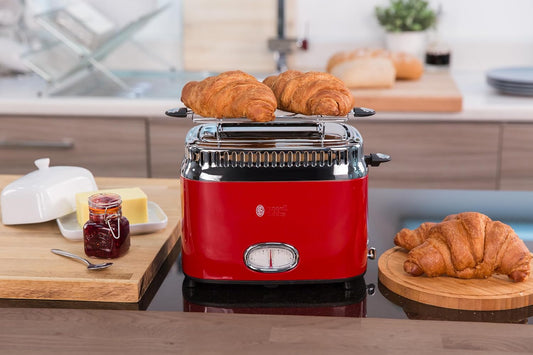 Russell Hobbs toster, szybkie opiekanie, funkcja rozmrażania, szerokie otwory, funkcja podnoszenia tostów, ruszt, moc 1300W, stal nierdzewna/czerwony, Retro Ribbon Red 21680-56 [Klasa energetyczna A+]