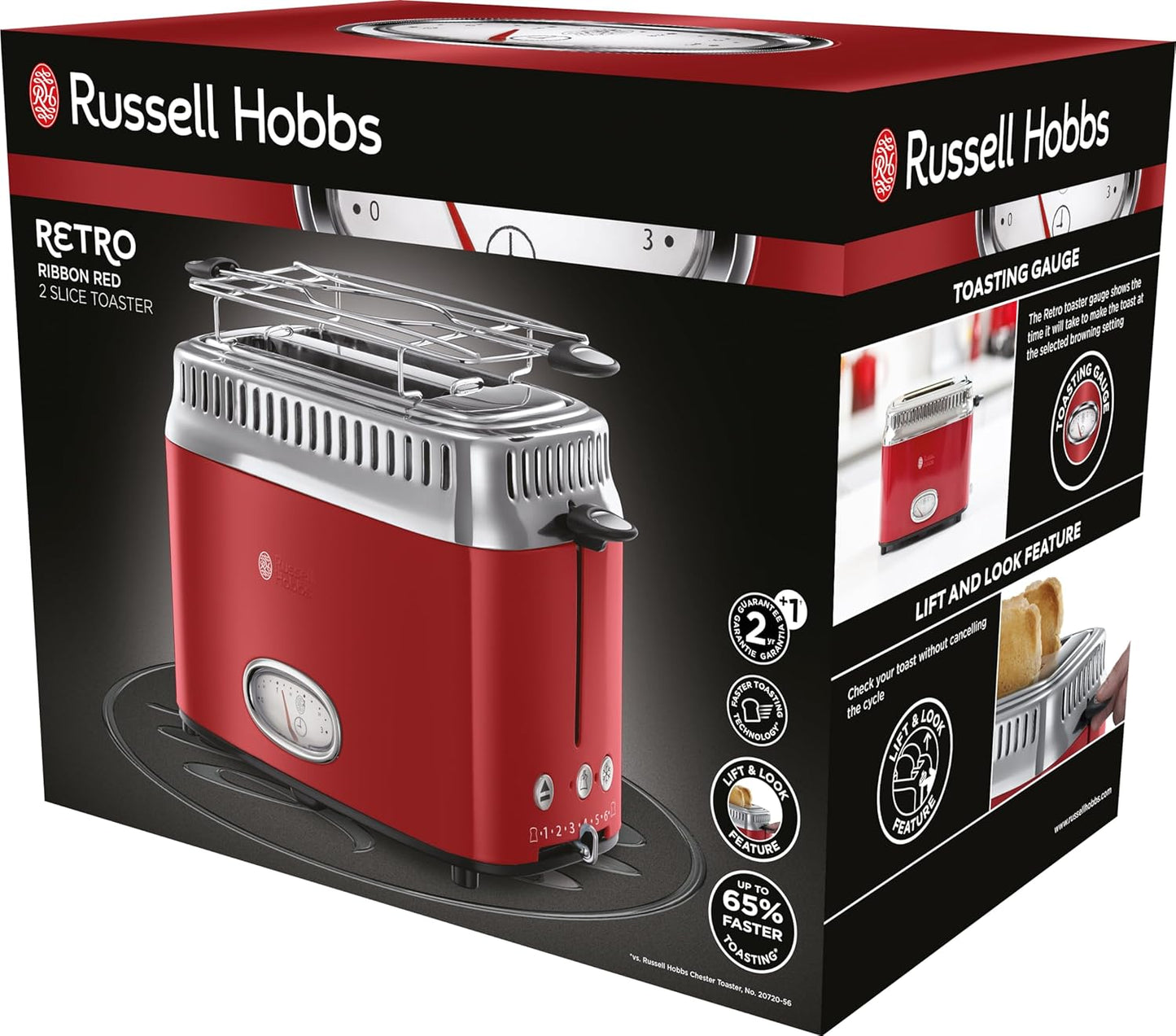 Russell Hobbs toster, szybkie opiekanie, funkcja rozmrażania, szerokie otwory, funkcja podnoszenia tostów, ruszt, moc 1300W, stal nierdzewna/czerwony, Retro Ribbon Red 21680-56 [Klasa energetyczna A+]