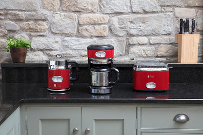 Russell Hobbs toster, szybkie opiekanie, funkcja rozmrażania, szerokie otwory, funkcja podnoszenia tostów, ruszt, moc 1300W, stal nierdzewna/czerwony, Retro Ribbon Red 21680-56 [Klasa energetyczna A+]