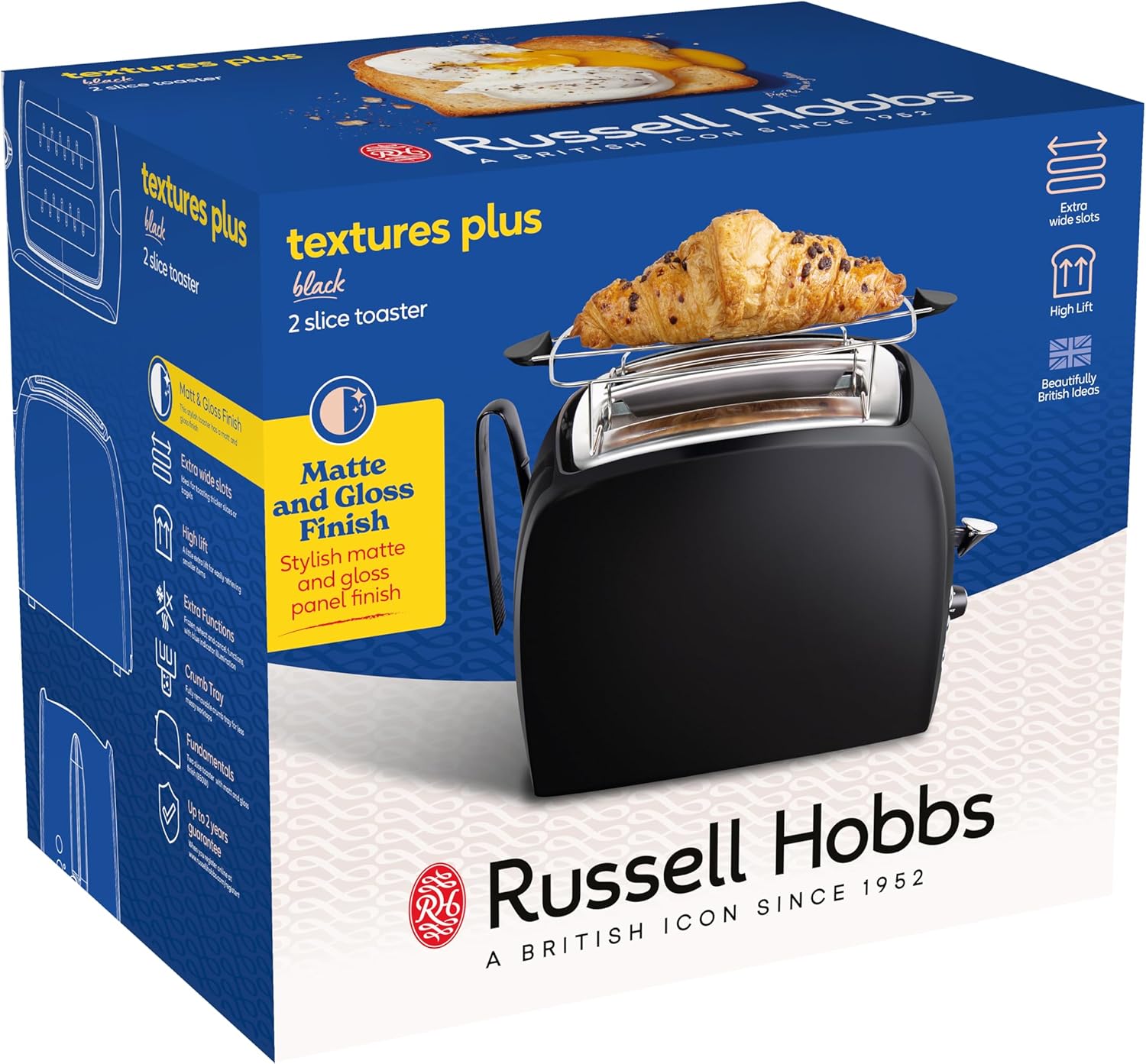 Russell Hobbs toster, regulacja pieczenia, szerokie otwory, funkcja rozmrażania, funkcja podnoszenia tostów, tacka na okruchy i ruszt na bułki, szczypce w zestawie, czarny, moc 850W, Textures 22601-56