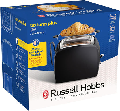 Russell Hobbs toster, regulacja pieczenia, szerokie otwory, funkcja rozmrażania, funkcja podnoszenia tostów, tacka na okruchy i ruszt na bułki, szczypce w zestawie, czarny, moc 850W, Textures 22601-56